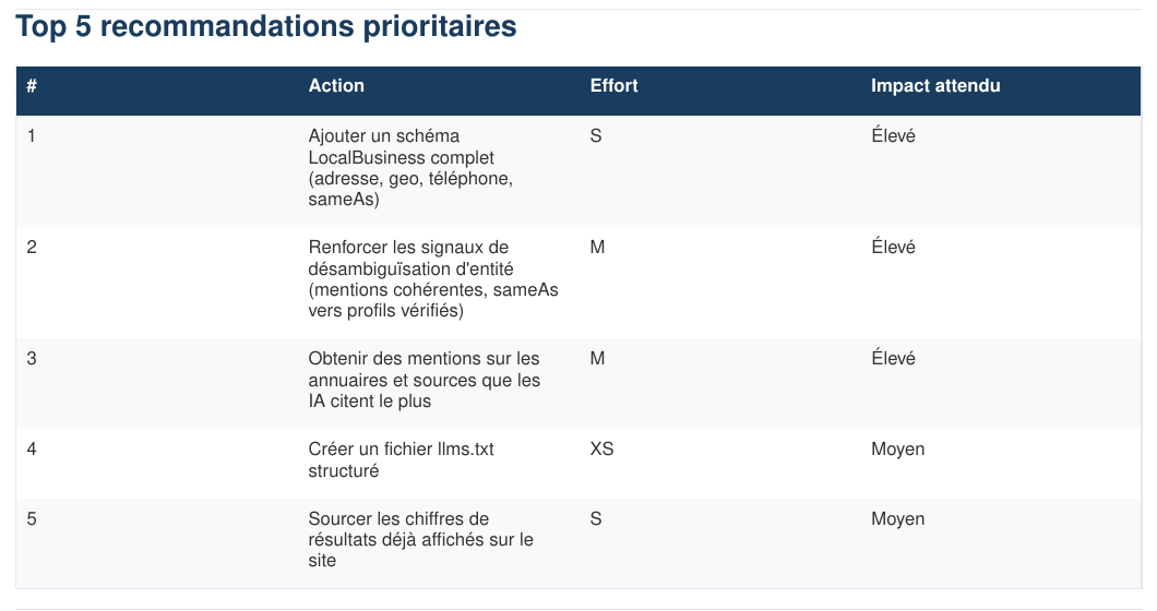 Extrait du rapport — top 5 des recommandations prioritaires avec effort et impact