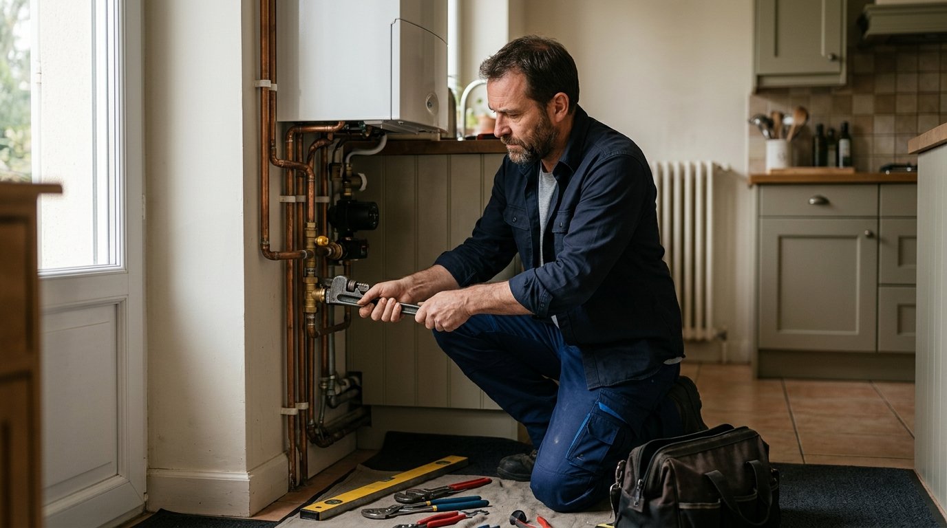Plombier-chauffagiste en tenue de travail intervenant sur une installation de chauffage